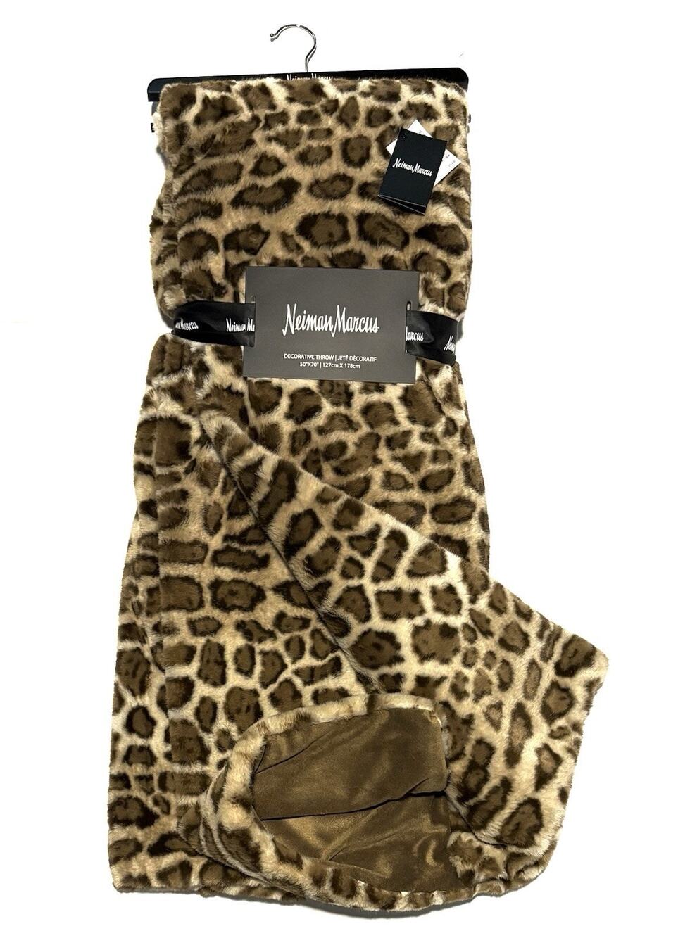 Neiman Marcus Leopard Animal Print Faux Fur Mink Throw Blanket Cheetah 50" × 70"
